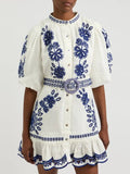 Dadizhimu Style Single Row Buckle Bubble Sleeve Skirt 2025 New Retro Embroidery Sketch Design Short Dress Women's Summer