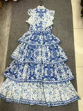 Dadizhimu Spring And Summer New Back-Lit Collar Retro Blue Printing Layer Lotus Leaf-Side Cake Dress Dress Dress Dress