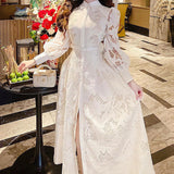 Dadizhimu 2025 New French Lace Embroidery Collar Bubble Sleeves To Close The Waist Thin Dress Temperament Long Dress