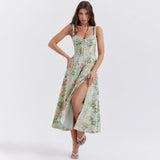 Dadizhimu Women's New Broken Flower Sling Skirt Sexy Bare Back Open Fork Long Skirt Holiday Style Dress Dress Woman