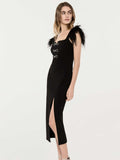 Dadizhimu Dress Square Collar Dress Elegant Bow Feathers Sleeveless Bandage Sexy Dress