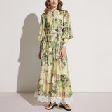 Dadizhimu Style Ticed With Waist Thin Collar Dress 2025 New Retro Print Design Long Dress Dress Women's Summer