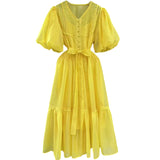Dadizhimu Bubble Sleeves With A Thin And Lean Color Dress 2025 New Fold Design Long Dress Woman
