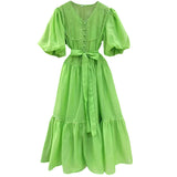 Dadizhimu Bubble Sleeves With A Thin And Lean Color Dress 2025 New Fold Design Long Dress Woman