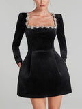 Dadizhimu Wind To Close The Waist Thin Dress 2025 New Temperament Square Collar Diamond Design Short Dress Woman