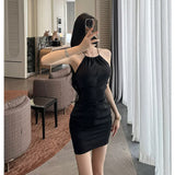 Dadizhimu Noodle Folded Wrinkled Sleeveless Neck Collar Dress Female Temperament Sexy Waist Repair Ass Skirt Dress Dress