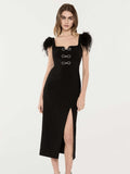 Dadizhimu Dress Square Collar Dress Elegant Bow Feathers Sleeveless Bandage Sexy Dress