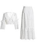 Dadizhimu Trendy Two-Piece Set 2025 New Fashion V-Neck Lace Embroidered Horn Sleeve Top + High-Waisted Long Dress