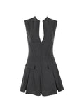 Dadizhimu Commuter Women's Fashion Dress Sexy V-Neck Suit Hundred Folded Dress Fish Bone Repair Sleeveless Dress Woman