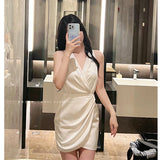 Dadizhimu Famous Temperament Design Small Silk And Satin Folded Waist Thin Dress Vneck Sleeveless Skirt