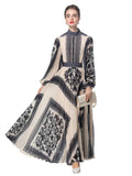 Dadizhimu Early Spring New Round Neck Lantern Sleeve Retro Black Print Waist 100 Folded Dress Dress Dress French