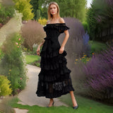 Dadizhimu Shoulder-To-Shoulder-Backed T-Shirt Dress Woman 2025 Spring New Fashion Fashion Splicing Lace Waist Long Skirt