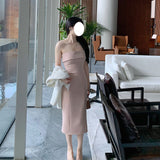 Dadizhimu Temperament Elegant Woman Body-Bodying And Hip-A-Word Shoulder-Wielt Dress Women's Banquet French Bag Hip Dress