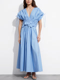 Dadizhimu Elegant Windy High-Waisted Dress Dress 2025 New V-Neck Collage Flower Design Long Dress Dress Woman