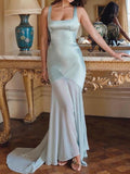 Dadizhimu Women's Spring High-Fine Chiffin Spliced Sling Bagged For The Left-Buted Dress With Elegant Drag Long Skirt