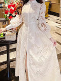 Dadizhimu 2025 New French Lace Embroidery Collar Bubble Sleeves To Close The Waist Thin Dress Temperament Long Dress