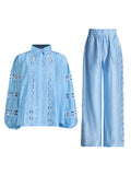 Dadizhimu Temperament Elegant Two Sets 2025 Summer New Fashion Collar Embroidered Shirt Top High Waist Straight Trousers Women