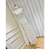 Dadizhimu Temperament V-Neck Net Yarn With Chest Cushion Ostrich Feather Beaded Flowers High Fork Thairy Long Skirt