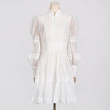 Dadizhimu Retro High-End Short Dress 2025 Summer New Fashion Collar Lantern Sleeve Mesh Waist Dress Dress Woman
