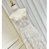 Dadizhimu Temperament V-Neck Net Yarn With Chest Cushion Ostrich Feather Beaded Flowers High Fork Thairy Long Skirt