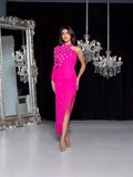 Dadizhimu Women's Banded Skirt Stylish Elegant Round Collar Hot Diamond High Open Fork Solid Dress