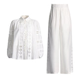 Dadizhimu Temperament Elegant Two Sets 2025 Summer New Fashion Collar Embroidered Shirt Top High Waist Straight Trousers Women