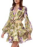 Dadizhimu Wind Print Lotus Leaf-Side Dress 2025 Summer New V-Neck Lantern Sleeves To Close The Waist Thin Skirt Woman