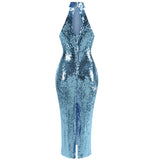 Dadizhimu Sexy Babes Beads Bag Ass Women's Hanging Neck Dress Open-Fork Lily Dress Dress