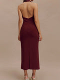 Dadizhimu Dress Women's Sexy Bare Back V-Neck Suit Medium Long Dress Tight-Fitched And Forked Hanging Neck Dress