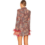 Dadizhimu High-End Women's V-Neck Broken Floral Dress Cuffed Feathers Elegant Dress Coat