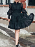 Dadizhimu Retro High-End Short Dress 2025 Summer New Fashion Collar Lantern Sleeve Mesh Waist Dress Dress Woman