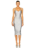 Dadizhimu Heavy Industry Hot Silver Sling V-Neck Dress Light Luxury Party Banquet Thin Banded Evening Dress