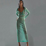 Dadizhimu Fashion Sexy Sleeve V Collar Long-Sleeved Dress High-End Dress Dress Long