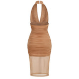 Dadizhimu New Sexy Hanging Neck Dress Body High-End Mesh Micro-Perspective Folding Dress Long