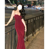 Dadizhimu Temperament Banquet Evening Dress Red Sling Vinegar Knitted Dress Female French Open Fork Dress Has