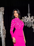 Dadizhimu Women's Banded Skirt Stylish Elegant Round Collar Hot Diamond High Open Fork Solid Dress