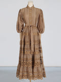 Dadizhimu Temperament Literary Style Embroidery Design Solid Color Dress 2025 New Lantern Sleeve Strap To Collect Waist Long Dress Dress Woman