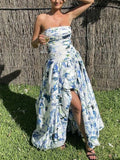 Dadizhimu Beautiful Dress 2025 Spring New Fashion Print Folding Bras Slimming Thin Open Fork Dress Women's Trend