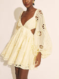 Dadizhimu Deep V-Neck Bubble Sleeves Solid Dress 2025 New Fashion Hollow Back Design Short Dress Woman