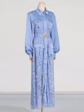 Dadizhimu 2025 New Women's Fashion Flip Lantern Long Sleeve Single Buckle Belt Lace Long Temperament Dress Woman