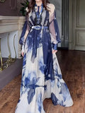 Dadizhimu Mesh Dress 2025 New Retro Ink Print Design Waist Long Dress Dress Woman