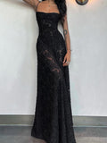 Dadizhimu Women's New Sexy Dress Black Perspective Sling Skirt Sexy Bareback Dress Dress Evening Dress