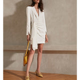 Dadizhimu A White V-Neck Banquet French Famous Style Dress Girded Long Sleeve Skirt