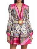 Dadizhimu Wind Print Lotus Leaf-Side Dress 2025 Summer New V-Neck Lantern Sleeves To Close The Waist Thin Skirt Woman