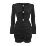 Dadizhimu Sexy Hollow Decoration Diamond Buckle Long-Sleeved Dress Women's New Small Pure Desire To Decorate The Design Dress