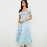 Dadizhimu Women's Dress French Fashion Elegant Floral Long Dress Female Bare Backs Open Fork Bubble Sleeve Dress