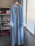 Dadizhimu And Autumn 2024 New Round-Necked Nail Pearl Feather Cuffs 100-Fold Loose Mid-Long Dress Dress Dress Women's Leisure