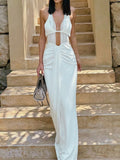 Dadizhimu Hanging Neck Folded Empty White Dress Woman Elegant Back Dress Dress Dress Banquet Femininity