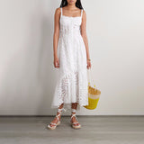 Dadizhimu Dress 2025 New Hollow Embroidery Open Fork High-End Feeling Waist Long Sling Skirt Women's Clothing Tide