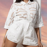 Dadizhimu New Embroidery Hook Design Medium Long-Sleeved Shirt Top + Casual High-Waist Shorts Fashion Two-Piece Set Of Women